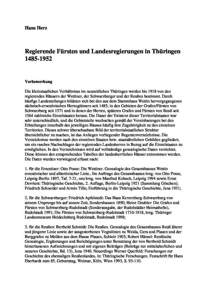 Regierende Fürsten und Landesregierungen in Thüringen
